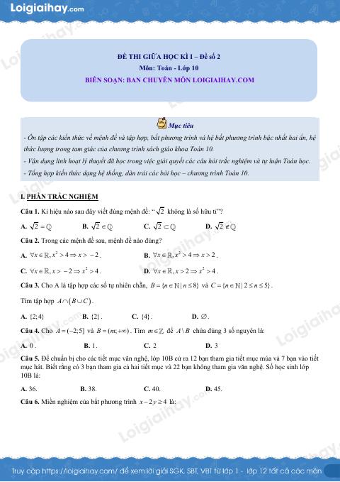 Đề thi giữa kì 1 Toán 10 Kết nối tri thức - Đề số 2